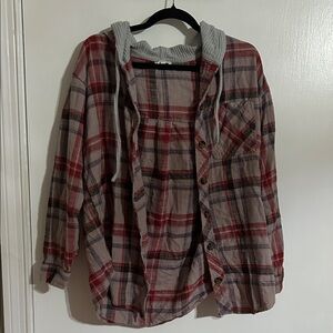 Women’s Plaid Button-Down Hooded Shirt Jacket in Red and Gray